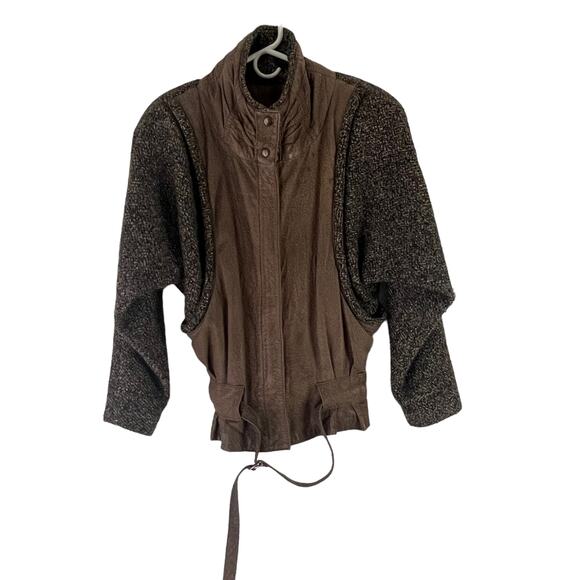 Winlit Vintage 90s Women's Size Small Wool Leather Brown Bomber Moto Jacket - Picture 2 of 13